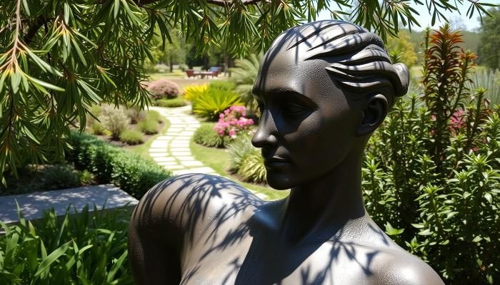 Bronze garden statue in lush landscaping, demonstrating ideal material choice for outdoor environments with high humidity, sun exposure, and coastal air.