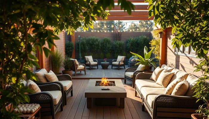 Affordable DIY deck and patio setup featuring natural wood elements and cozy outdoor furniture for enhanced backyard living.