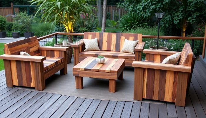Custom DIY wooden outdoor furniture set on a backyard deck with armchairs, a loveseat, and a coffee table surrounded by garden greenery.