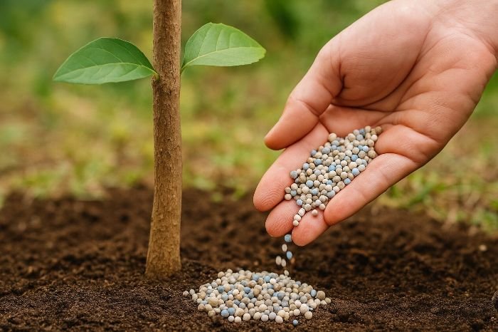 Hand applying slow-release granular fertilizer around the base of a young crepe myrtle tree after planting.