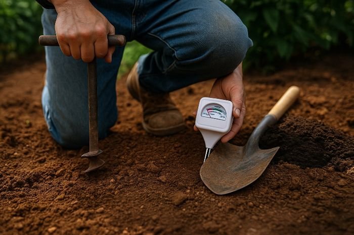 Gardener using a soil tester to check pH and nutrient levels before planting crepe myrtle trees.