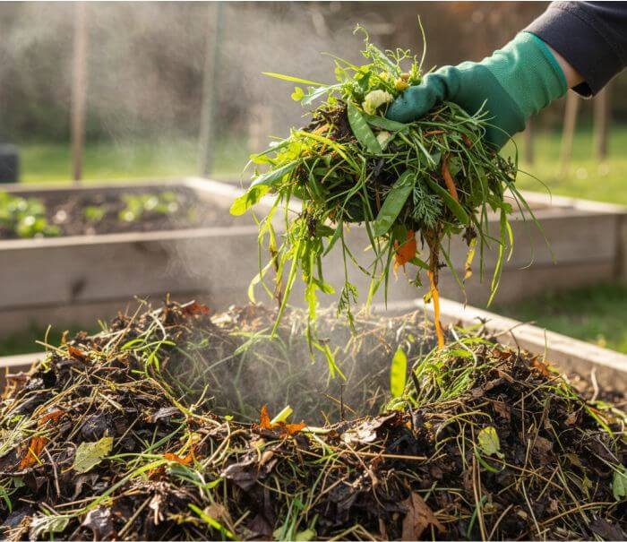Gardener adding fresh green materials to a steaming compost pile in a backyard garden