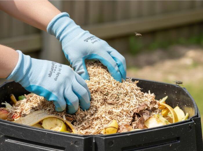 Hands adding dry material over fresh fruit scraps to reduce compost flies