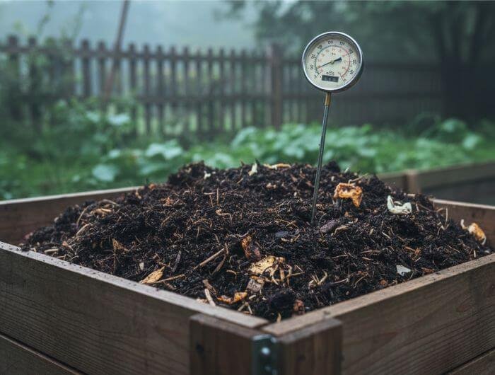 Compost thermometer showing low heat in a backyard pile during activity loss