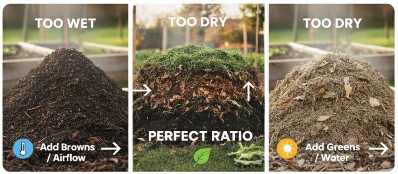 Side by side photo of compost piles showing too wet, too dry, and balanced moisture levels