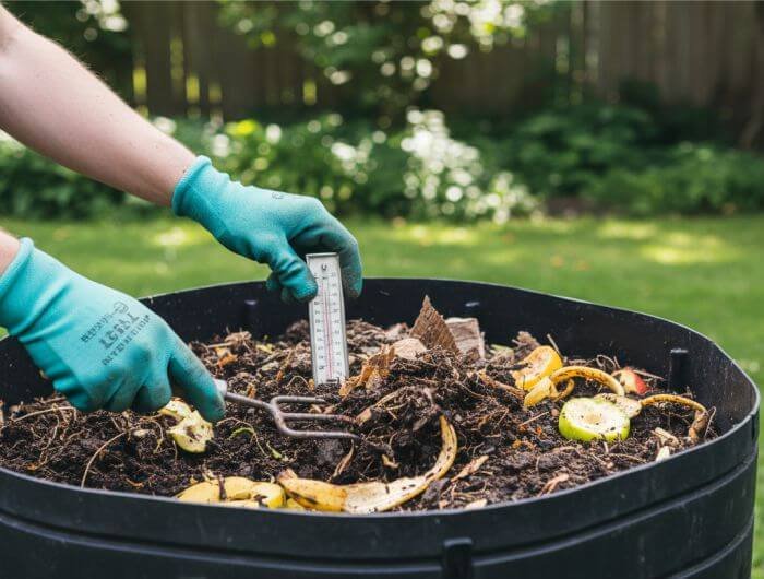 Gloved hands checking compost temperature and loosening material in a stalled pile
