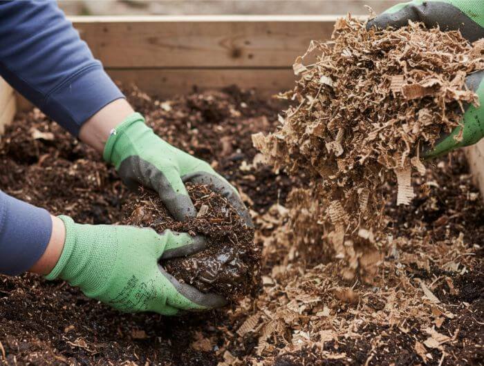Gloved hands breaking apart a wet compost clump while adding dry carbon material