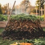 Layered compost pile with greens and browns warming up in a backyard garden