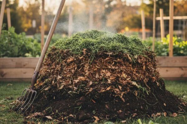 Layered compost pile with greens and browns warming up in a backyard garden