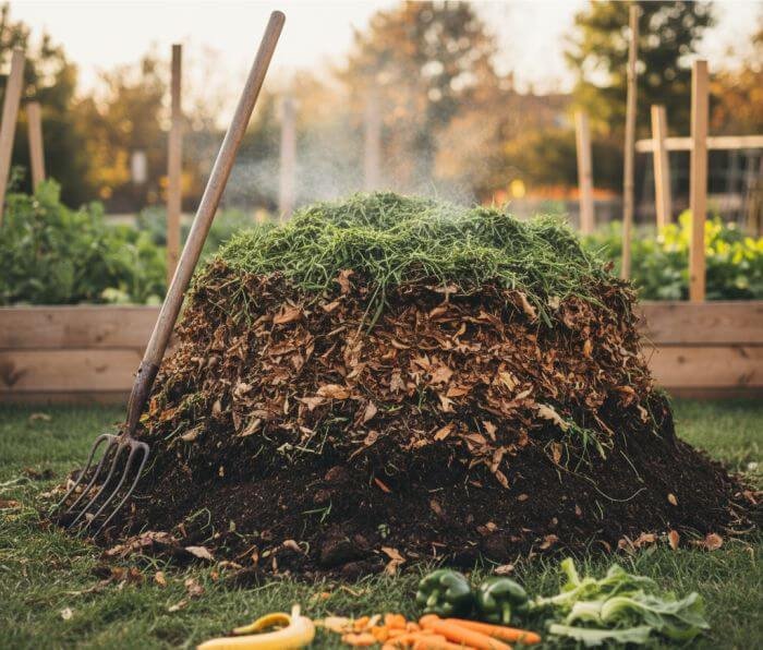 Layered compost pile with greens and browns warming up in a backyard garden