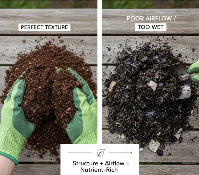 Side by side image showing crumbly finished compost and a wet compacted mix with poor airflow