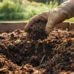 Gloved hand checking compost texture for early signs of imbalance in a backyard bin