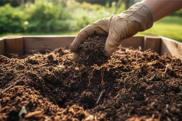 Gloved hand checking compost texture for early signs of imbalance in a backyard bin