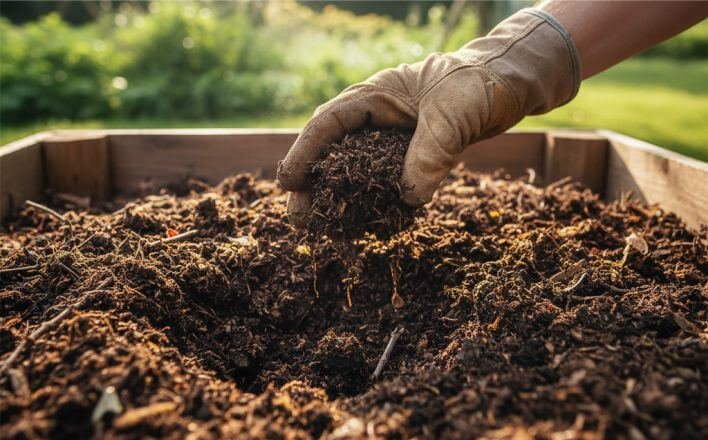 Gloved hand checking compost texture for early signs of imbalance in a backyard bin