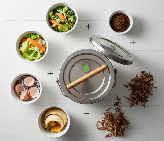 Assorted materials for composting, including kitchen scraps and dry leaves arranged around a metal compost bin