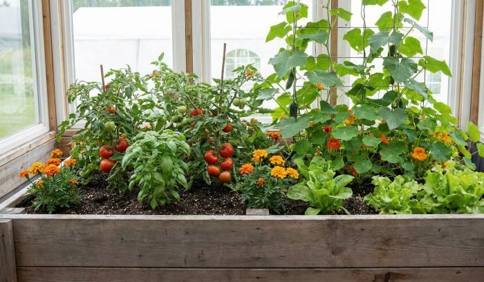 Companion plants growing together in a raised vegetable bed to reduce pests and improve yields