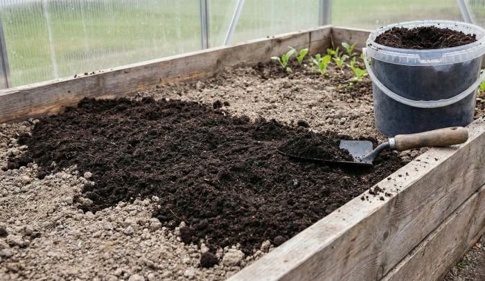 Top dressing a garden bed with finished compost to improve soil structure over time