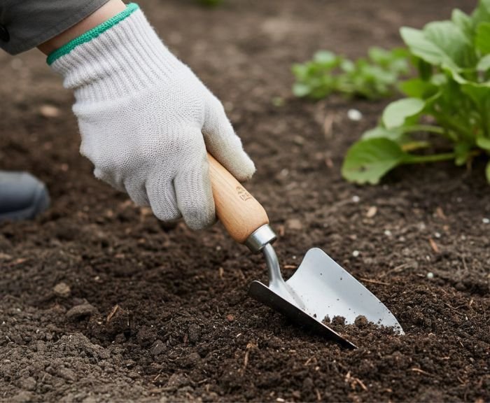 Hand holding an ergonomic garden trowel with neutral wrist angle during planting