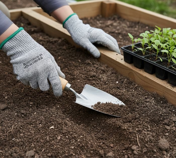 Garden trowel used in a raised bed for planting vegetable seedlings without disturbing roots