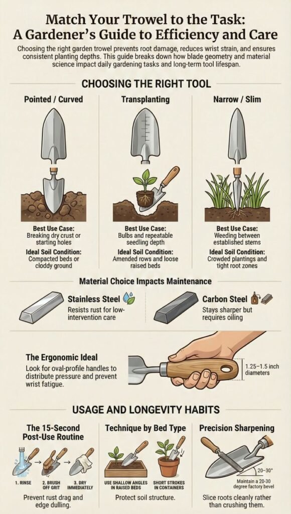 Infographic showing garden trowel types, best uses, blade materials, ergonomic grip sizes, and basic care practices