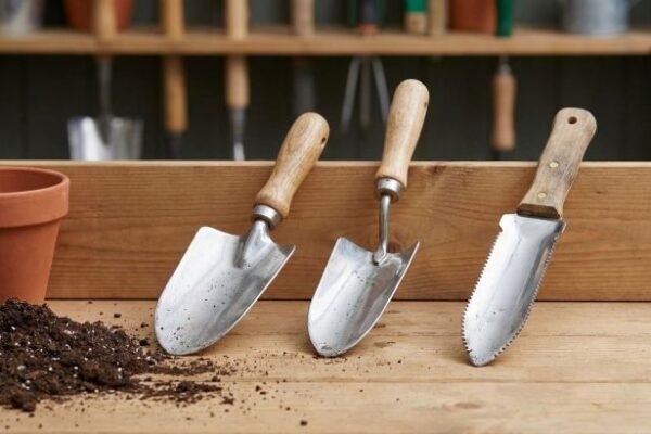 Three garden trowels with different blade shapes placed on a workbench, showing common trowel types used for planting, transplanting, and soil work