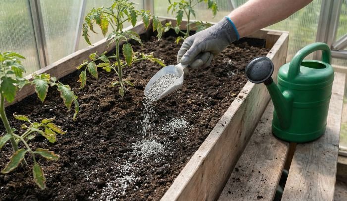 Applying granular fertilizer to a raised garden bed to support soil fertility without runoff