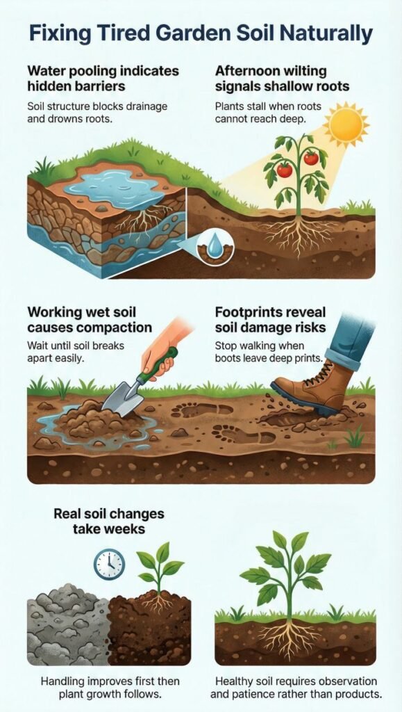 Infographic showing common garden soil problems like water pooling, compaction, shallow roots, and slow soil recovery over time