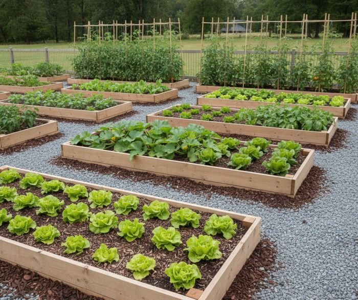 Raised bed edible garden with clean layout and consistent spacing for regular harvests