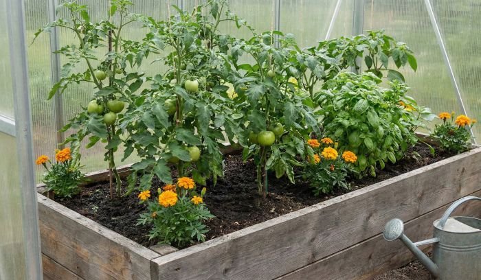 Vegetable bed with tomatoes, basil, and marigolds showing simple companion planting that needs minimal adjustment