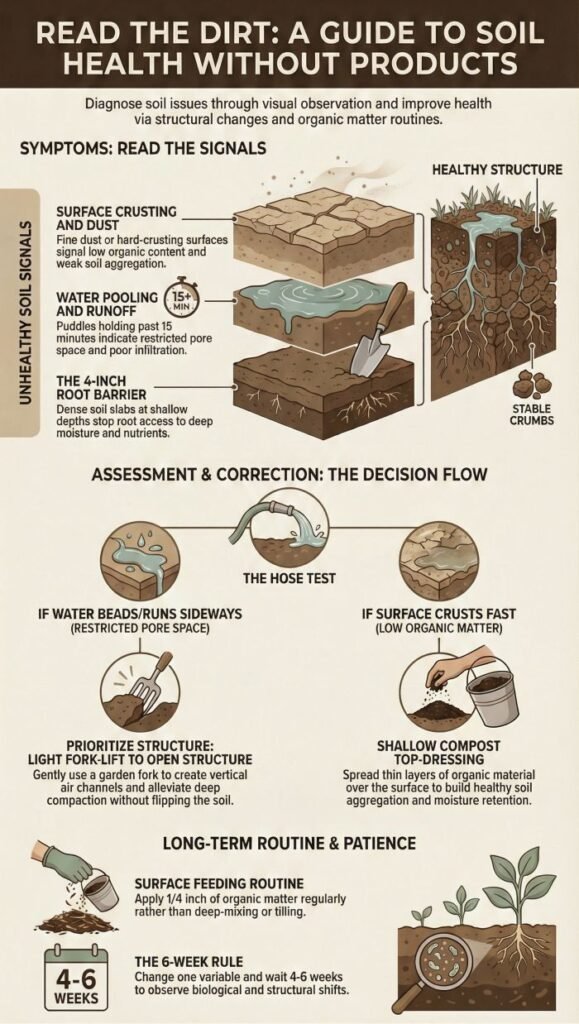 Infographic showing soil condition signs such as surface crusting, water pooling, runoff, and healthy soil structure