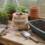 Compost, soil amendment tools, and containers prepared for soil health improvement in a home garden