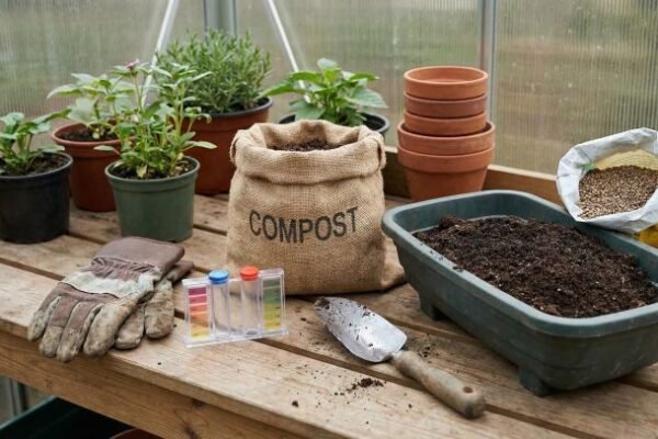 Compost, soil amendment tools, and containers prepared for soil health improvement in a home garden