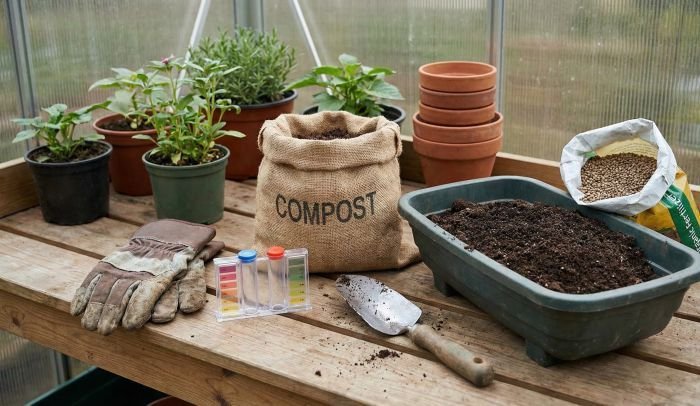 Compost, soil amendment tools, and containers prepared for soil health improvement in a home garden