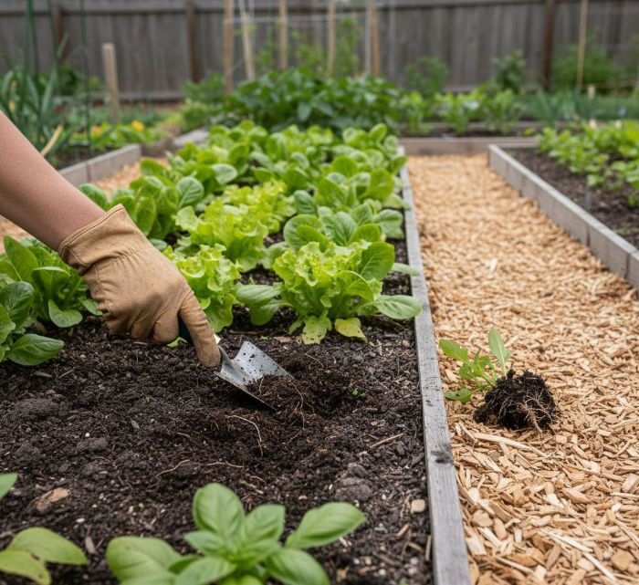 Gardener checking soil workability in a raised bed while tending leafy vegetables