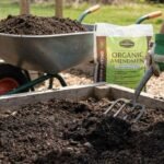 Gardener loosening soil in a raised garden bed while adding organic soil amendments