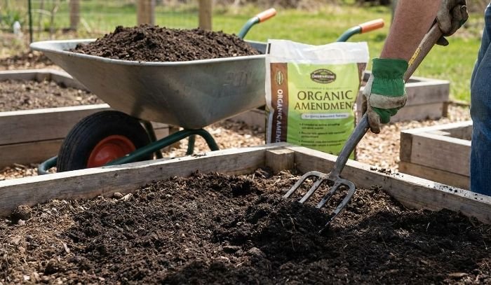 Gardener loosening soil in a raised garden bed while adding organic soil amendments