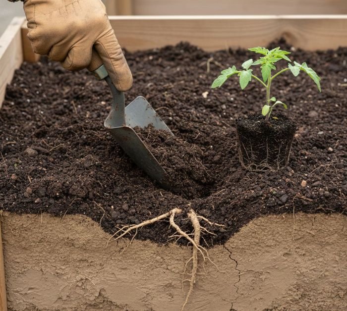 Spade revealing soil structure and root depth limits in a raised garden bed