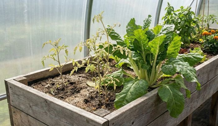 Vegetables in a raised bed showing uneven growth caused by root competition and nutrient overlap