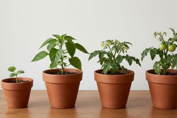 Vegetable growth stages shown in pots from young seedling to flowering and fruiting plant before harvest