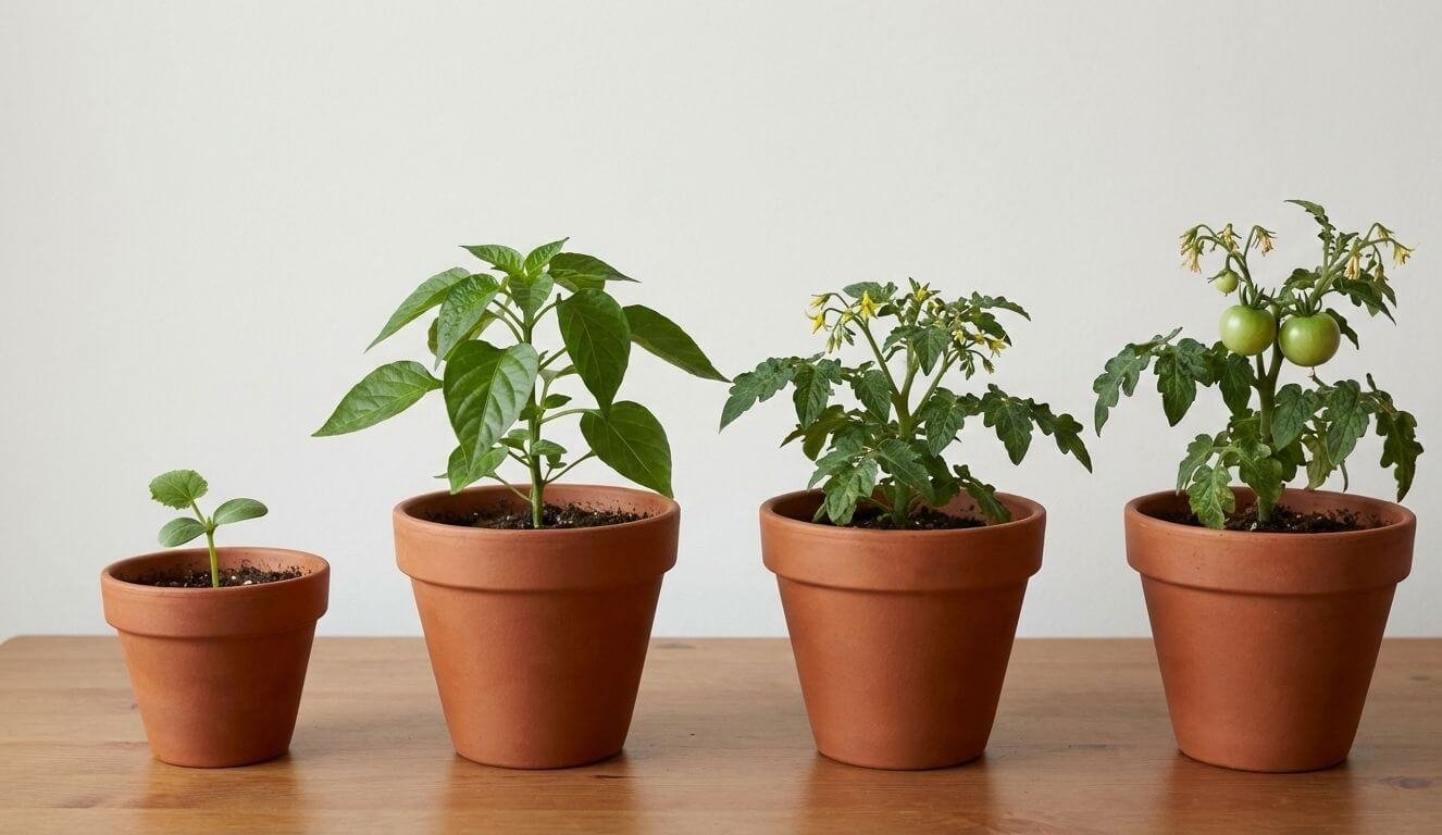 Vegetable growth stages shown in pots from young seedling to flowering and fruiting plant before harvest