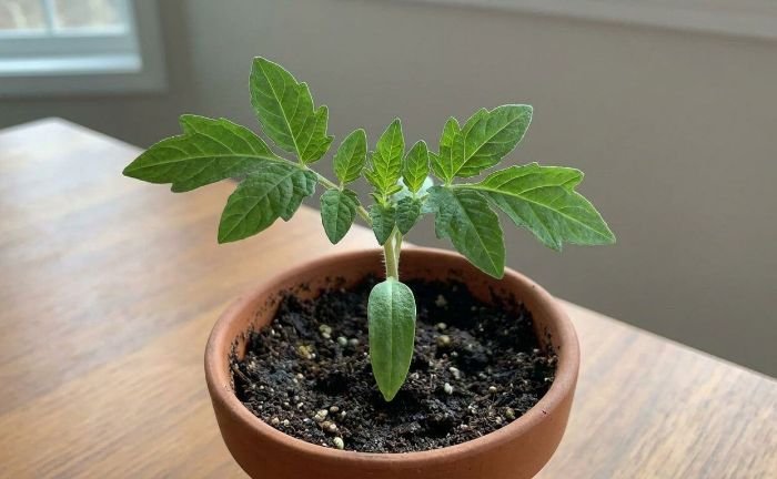 Young vegetable seedling with true leaves developing as growth shifts from seed energy to photosynthesis