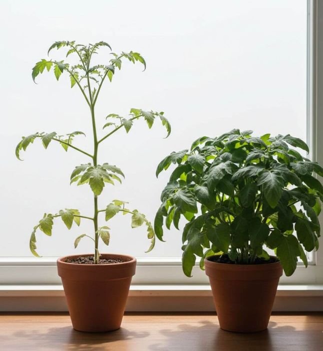 Vegetative growth stage comparison showing a leggy plant with long internodes beside a dense leafy vegetable plant indicating stronger canopy development
