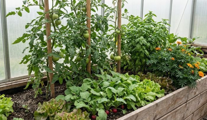 Vegetables growing together in a mixed garden bed with balanced spacing, light exposure, and healthy growth