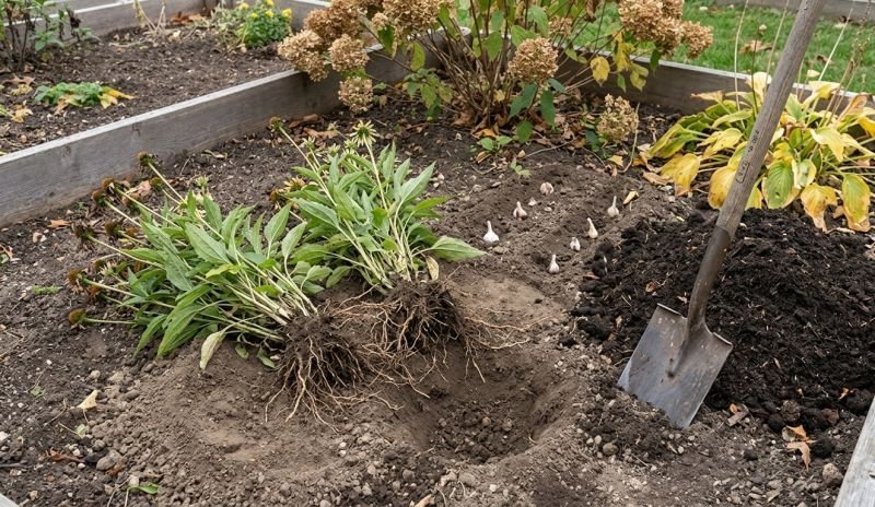 Dividing perennial plants in garden bed during fall soil recovery and seasonal reset
