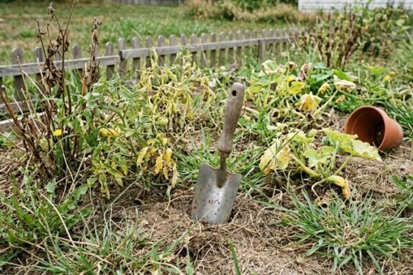 Neglected vegetable garden bed with wilted plants and garden trowel showing impact of skipped seasonal garden care