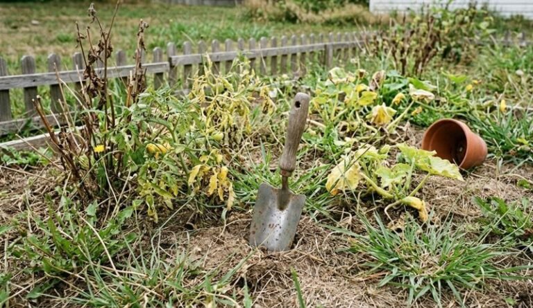 Neglected vegetable garden bed with wilted plants and garden trowel showing impact of skipped seasonal garden care