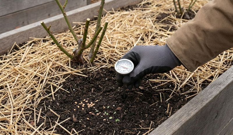 Gardener measuring soil temperature in raised bed to guide year round garden care timing