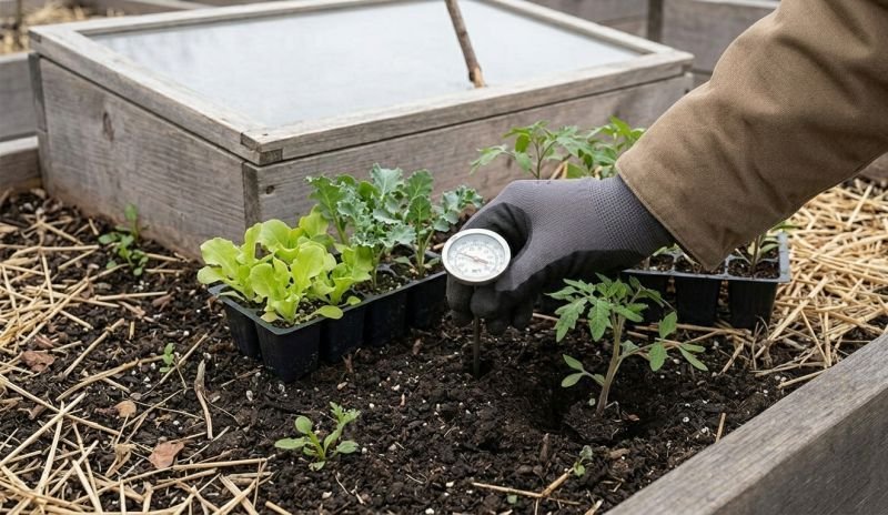 Checking soil temperature before transplanting seedlings in raised garden bed during spring planting