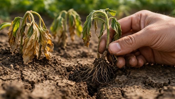 Cross-section of dry garden soil showing cracked structure, shallow roots, and water-stressed plants beside a deeper healthy root system.