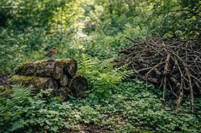 Shaded garden corner with a mossy log pile, loose brush pile, leaf litter, and ferns, showing a simple wildlife habitat that supports beneficial insects and small garden animals.